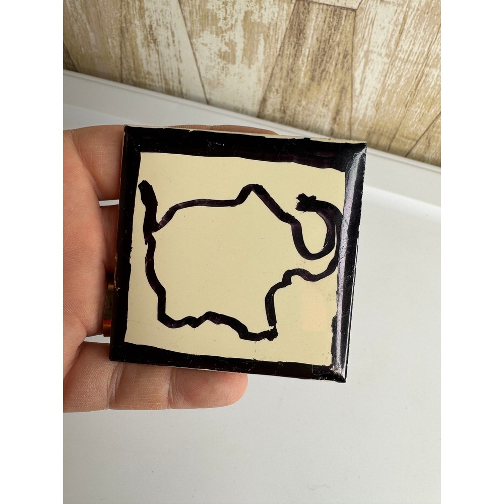 Vintage Romany Tile‎ Art Elephant Black Outline Cream Square USA